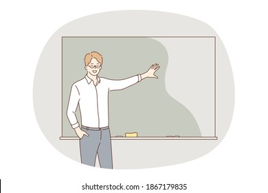 Teaching in school, teacher, education concept. Young positive man teacher cartoon character standing and showing information on blackboard with hand for students during lesson in university