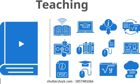 teaching set. included test, homework, maths, book, click, cloud library, professor, ebook, student-laptop, books, pdf, elearning, information icons. filled styles.
