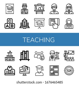 teaching simple icons set. Contains such icons as College, Abc block, Student, School, Presentation, Blackboard, Teacher, Elearning, Education, can be used for web, mobile and logo