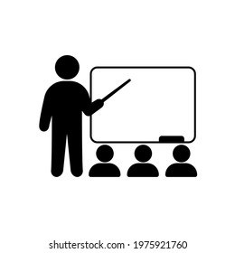 Teaching solid black Icon - Teacher with student. Coach speaking before audience. Meeting at business training, seminar or conference. For: illustration, logo, design, web, dev, ui, ux. Vector EPS 10