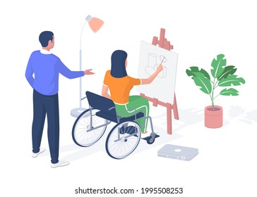 Teaching students with disabilities. Woman in wheelchair draws on easel. Teacher corrects her work. Stationary education for disabled people with elearning. Vector realistic isometry