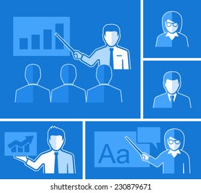 Teaching. Teacher with group students in classroom. Teacher holding a wand. Teacher woman lecturing beside board. Man holding sign.