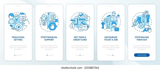 Teaching teenager responsibility blue onboarding mobile app screen. Walkthrough 5 steps editable graphic instructions with linear concepts. UI, UX, GUI template. Myriad Pro-Bold, Regular fonts used
