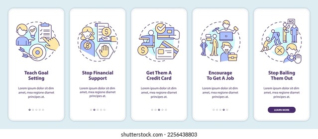 Teaching teenager responsibility onboarding mobile app screen. Walkthrough 5 steps editable graphic instructions with linear concepts. UI, UX, GUI template. Myriad Pro-Bold, Regular fonts used