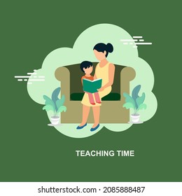 Teaching time by mother teaching child sitting on sofa flat concept vector design