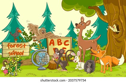 Teaching time at school in the jungle of cute animals. owl teacher teaching students happy listening lesson. vector illustration