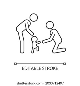 Teaching toddler to walk linear icon. Baby first steps. Child motor development. Bonding activity. Thin line customizable illustration. Contour symbol. Vector isolated outline drawing. Editable stroke