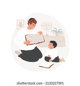 Enseñando a Torah en el hogar abstracto concepto de ilustración vectorial. Padre enseñando a Tohar a su pequeño hijo, leyendo juntos un libro sagrado, religión judío, creencias cotidianas rituales metáforas abstractas.