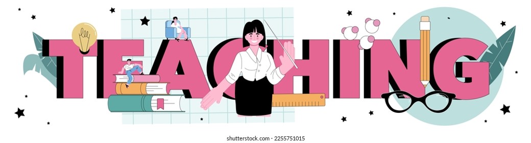Teaching typographic header. Professor conduct a lesson in a classroom. School or college worker. Idea of education and knowledge. Flat vector illustration