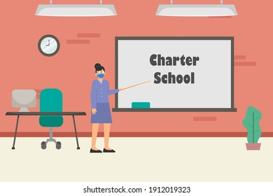 Teaching vector concept: Female teacher teaching in front of the class while wearing face mask in new normal
