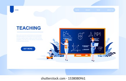 Teaching vector landing page template with header. Education web banner, homepage design with flat illustrations. College, university and school teacher character explaining math near blackboard