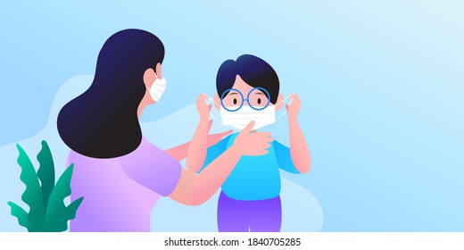 Teaching to wear mask properly. How to wear face mask. Protection against infections and viruses. Hygiene concept. Cartoon people character isolated illustration.