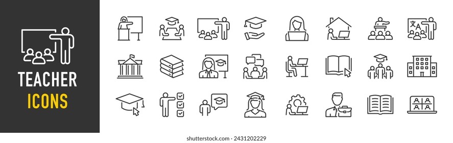 Teaching web icons in line style. Knowledge, university, study, teach, professor, explain, education. Vector illustration.