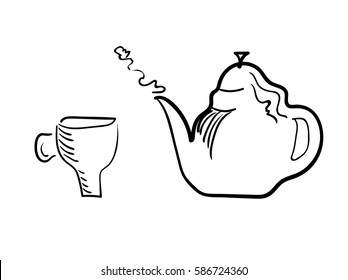 Teacup and brewing teapot on a white background. Vector stylized.