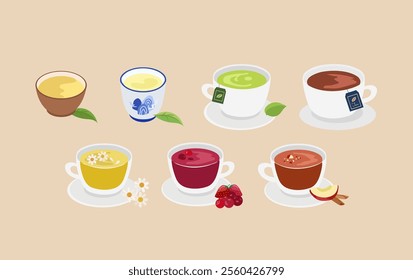 A teacup with chinese tea, green, Black, Herbal  chamomile Tea, Fruit Tea illustration for menu.