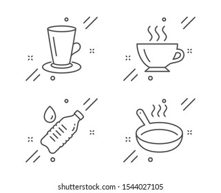 Teacup, Coffee And Water Bottle Line Icons Set. Frying Pan Sign. Tea Or Latte, Cappuccino, Still Drink. Cooking Utensil. Food And Drink Set. Line Teacup Outline Icon. Vector