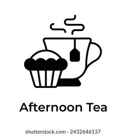 Teetasse mit Cupcake zeigt Konzept-Ikone des Nachmittagstees