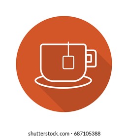 Teacup flat linear long shadow icon. Mug on plate with teabag. Vector outline symbol