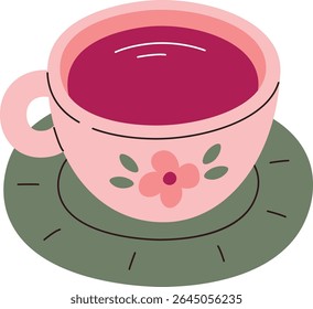 Uma xícara de chá com um padrão floral fica em um pires em um estilo plano. O copo apresenta um design de flor e repousa em um prato redondo. Ilustração de vetor de desenhos animados.