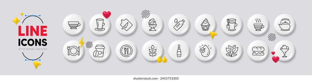 Teacup, Food and Grill line icons. White buttons 3d icons. Pack of Cafe creme, Burger, Leaf icon. Tea, Mocha, Takeaway coffee pictogram. Cutting board, Restaurant food, Gluten free. Vector