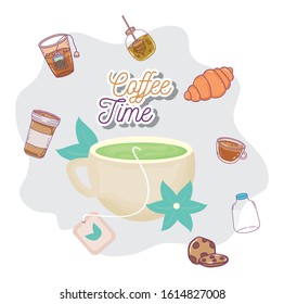 teacup herbal bread cookies milk honey fresh beverage coffee time vector illustration