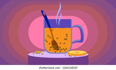 Teacup of hot beverage on table wich lemon and warm steam