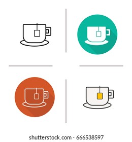 Teacup Icon. Flat Design, Linear And Color Styles. Mug On Plate With Teabag. Isolated Vector Illustrations