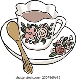 Teacup Illustration Sketch Vintage Cup High Tea Floral 
