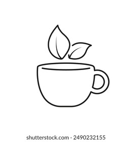 Teacup With Leaves Line Icon, Herbal Natural Tea Concept. Organic Matcha Tea For Health And Relaxation. Isolated Vector Illustration.