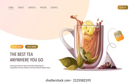 Teacup with lemon and mint, tea bag. Tea shop, break, cafe-bar, tea lover, tea party, beverages concept. Vector illustration for poster, banner, website, menu, advertising. 