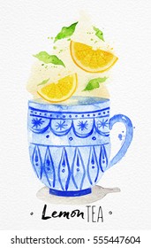 Teacup with lemon tea drawing on watercolor paper background
