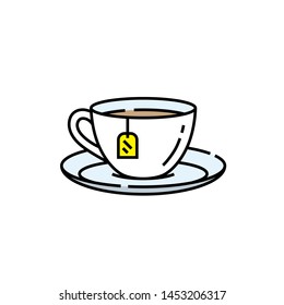 Teacup line icon. Porcelain Tea cup saucer symbol with yellow label sign. Vector illustration.