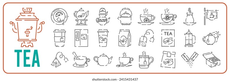 Juego de iconos de la línea de marcado. Icono plano de tetera o samovar. Señales de línea delgada para el logotipo de diseño, visita tarjeta. Símbolo de diseño web o aplicación móvil. Pictograma del contorno de la copa