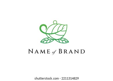 Teacup logo with green leaf shape combination in line art design style