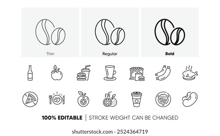 Teacup, Medical food and Crepe line icons. Pack of Coffee beans, Sausage, Hamburger icon. Eco food, Orange juice, Beans pictogram. Takeaway coffee, Fish dish, Beer. Romantic dinner. Line icons. Vector