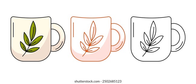 Teacup or mug, colorful and line icon set. Traditional cup for hot beverage or coffee, vector flat outline icon, monochrome and color illustration. For logo, sticker, coloring book, label