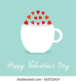 Teacup mug Tee coffee cup with red heart set. Happy Valentines Day. Love greeting card. Flat design. Cute food decoration. Blue background. Isolated. Vector illustration.