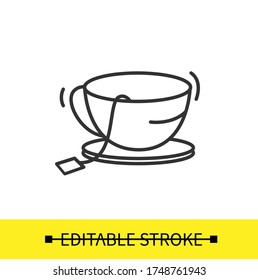 Teakup auf der Teller Ikone der Untertasse. Teebeutel mit leerem Etikett innen. Einfach Design linear bearbeitbaren Strich-Symbol, Vektorgrafik .Hot Drink.

