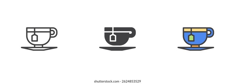 Teacup on a saucer with a teabag different style icon set. Line, glyph and filled outline colorful version, outline and filled vector sign. Symbol, logo illustration. Vector graphics