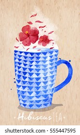 Teacup with red tea, hibiscus drawing on kraft paper background
