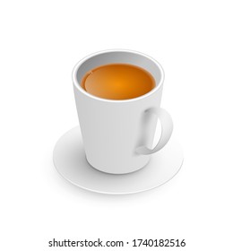 A teacup with saucer isometric view isolated on white background. Realistic vector. 3d model cup of hot drink green tea. Vector illustration for web, design, menu, app