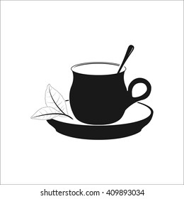 Teacup with saucer and tea leafs  sign simple icon on background