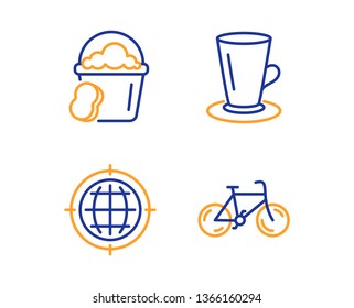 Teacup, Seo internet and Sponge icons simple set. Bicycle sign. Tea or latte, Globe, Cleaner bucket. Bike. Linear teacup icon. Colorful design set. Vector