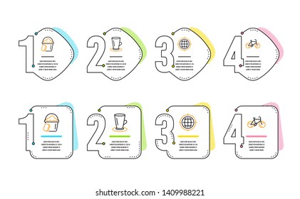 Teacup, Seo internet and Sponge icons simple set. Bicycle sign. Tea or latte, Globe, Cleaner bucket. Bike. Infographic timeline. Line teacup icon. 4 options or steps. Vector