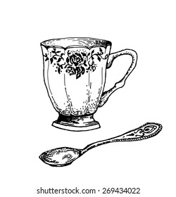 Teacup and spoon drawing in sketch style