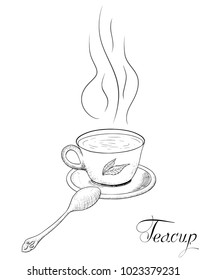 Teacup with steam and spoon isolated on white. There is a tea leaf on the side of cup.