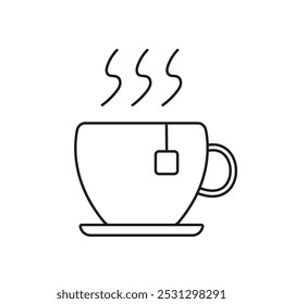 Teacup with Steam and Teabag Line Icon. Hot Beverage with Saucer Outline Symbol. Editable Stroke. Isolated Vector Illustration.