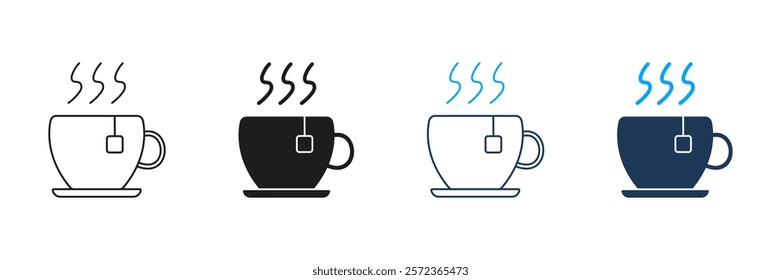 Teacup with Steam and Teabag Line and Silhouette Icon Set. Hot Beverage with Saucer Outline Symbol. Editable Stroke. Isolated Vector Illustration.