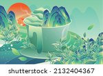 A teacup in a tea garden, Ching Ming Festival, picking tea in spring, vector illustration