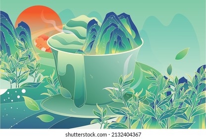 A Teacup In A Tea Garden, Ching Ming Festival, Picking Tea In Spring, Vector Illustration